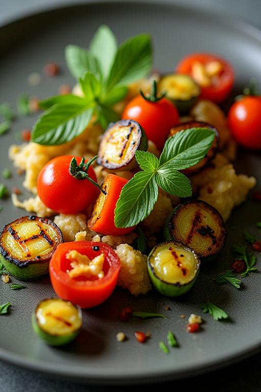 Vackert upplagd maträtt med grillade grönsaker och örter, tillagade på Glaciär Gryta.