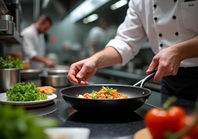 En professionell kock som använder en Isvik-panna i ett elegant restaurangkök.