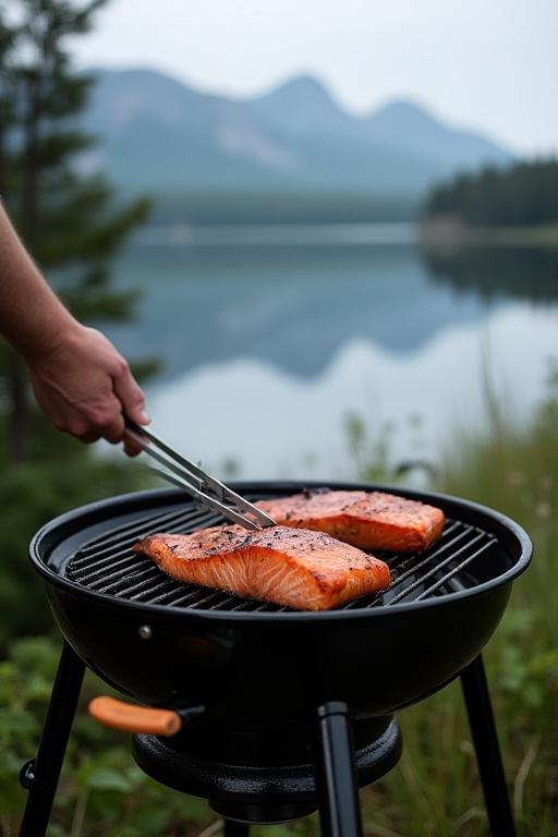 En person som grillar lax på en Fjällstorm-grill vid en sjö i Lappland.
