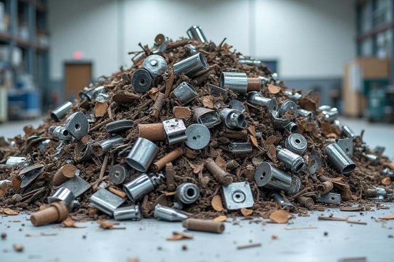 En prydlig hög med återvunnet metallskrot redo för smältning.