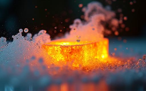 Glödande metall som sänks ner i en kylvätska, vilket skapar ånga.