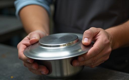 Händer som noggrant slipar ytan på en metallpanna.