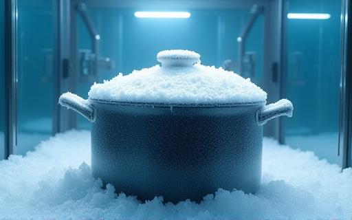 En gryta täckt av frost i en testkammare.